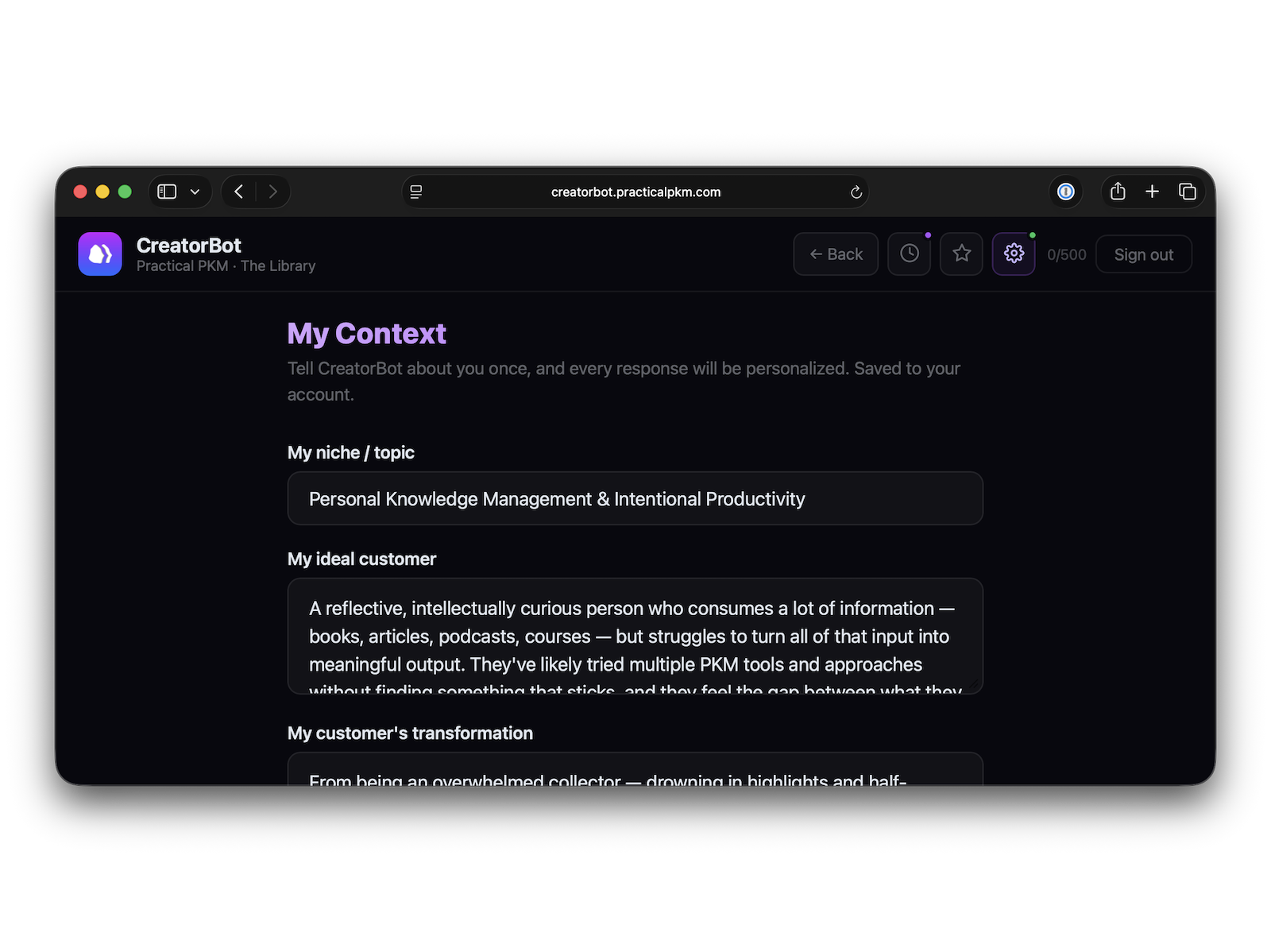 CreatorBot's My Context screen