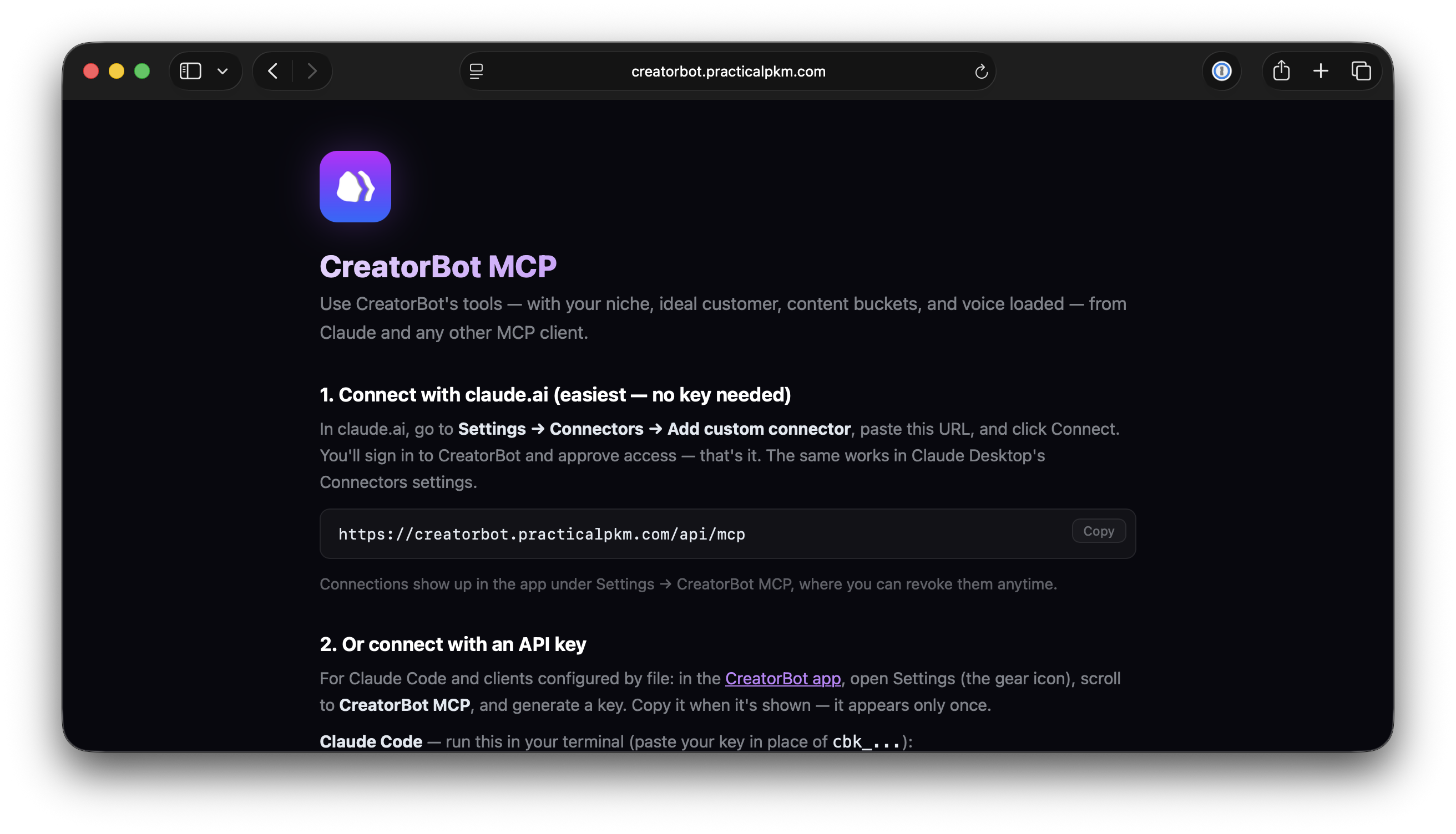 Connecting CreatorBot to Claude via MCP